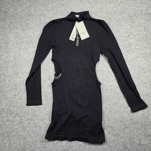 Zara Dress Women Medium-Large Black Side Cut-Out Rhinestone Chain Mock Neck New